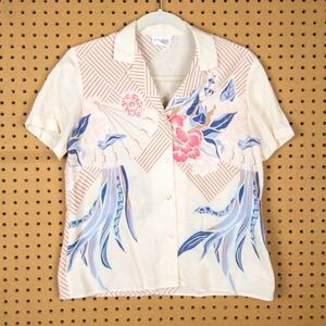Vintage Art Shirt Aloha Style Floral Geometric Graphic Button Up Blouse Cream